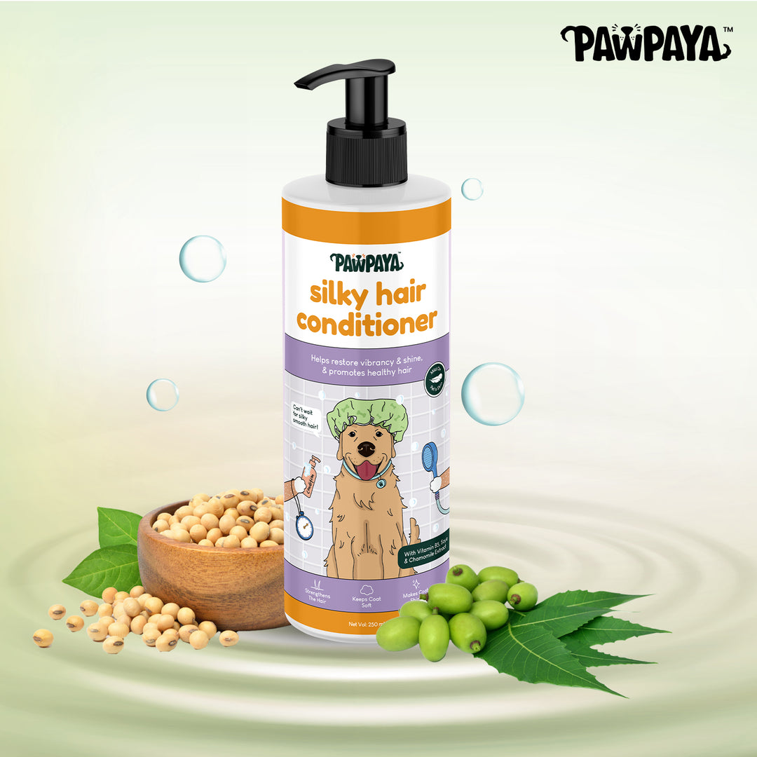 ABK Grooming, Pawpaya Silky Hair conditioner, shampoo for adult dogs, Dog shampoo in India, Natural dog conditioner, shampoo and conditioners collection, vegan dog shampoo in Pune, Sulphate  free shampoo, paraben free shampoo, silky  coat conditioner, summer dog conditioner and shampoo