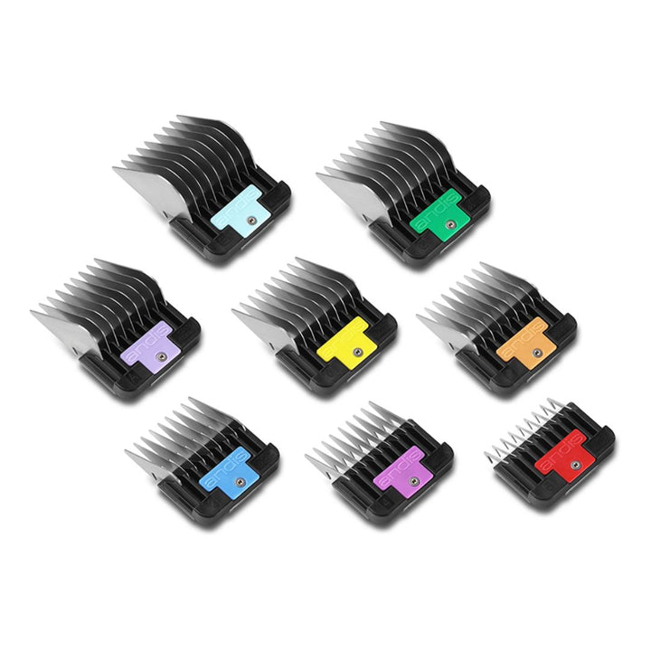 Andis grooming combs, stainless steel combs, professional groomers, color-coded combs, robust spring-loaded clip, versatile cutting lengths, UltraEdge and CeramicEdge blades