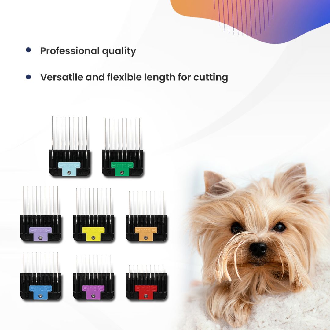 8-Piece grooming comb set, Andis Stainless Steel Combs, color-coded combs, secure fit, professional groomers, durable stainless steel, precision grooming tools