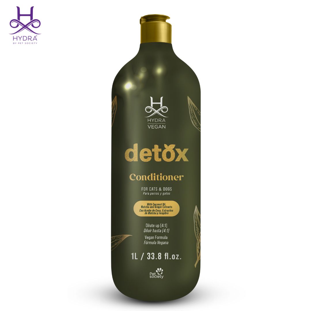 Hydra Vegan Detox Conditioner 1L for dogs and cats – Nourishes, hydrates, and restores coat softness and shine with Coconut Oil, Matcha, and Ginger. Safe for all breeds.