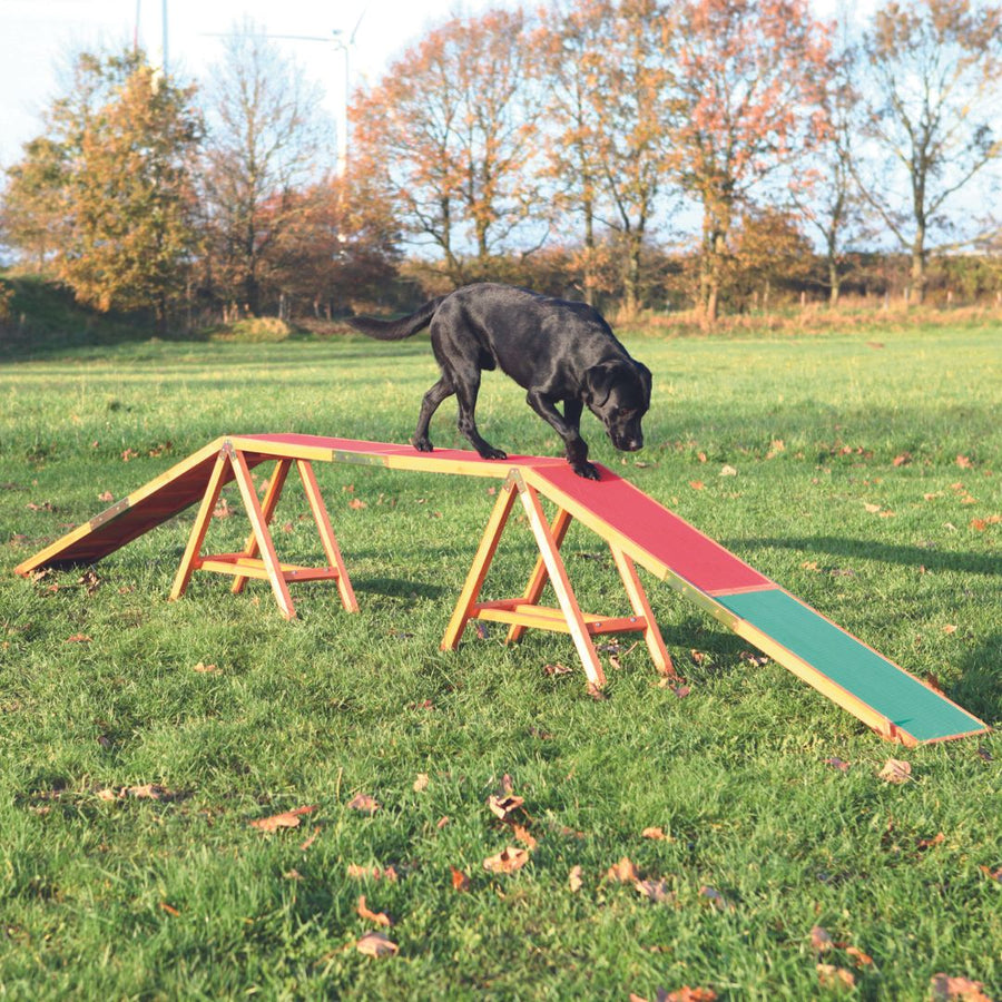 A dog enthusiastically weaving through a Trixie Dog Agility Slalom course set up in a large outdoor space