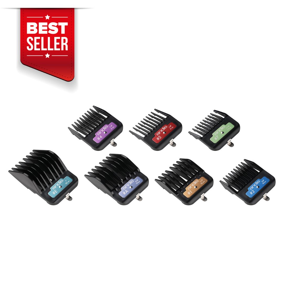 Andis 7-Piece Animal Clip Comb Set - ABK Grooming clipper combs, color-coded combs, versatile cutting lengths, secure metal clips, convenient storage, professional grooming tools