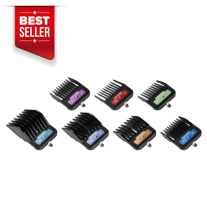 Andis 7-Piece Animal Clip Comb Set - ABK Grooming clipper combs, color-coded combs, versatile cutting lengths, secure metal clips, convenient storage, professional grooming tools