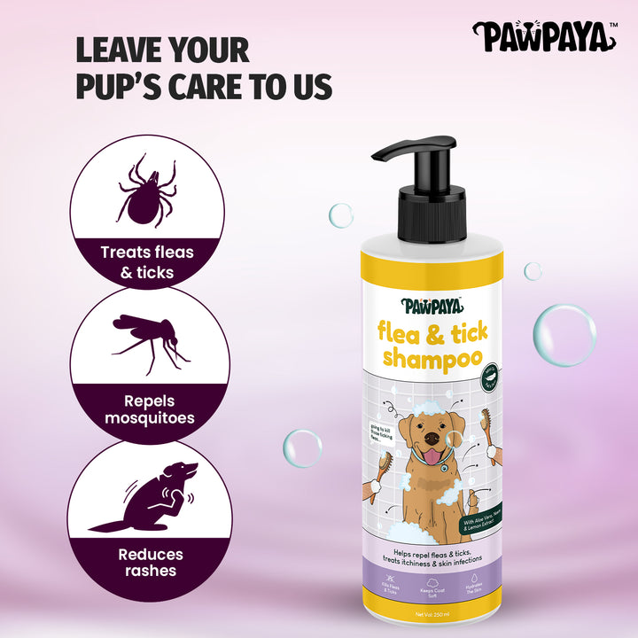 The power of nature for pest control! Pawpaya Flea & Tick Shampoo uses natural ingredients to kill fleas, ticks, soothe skin, and repel mosquitoes. Shop 100% vegan formula at ABK Grooming (India).