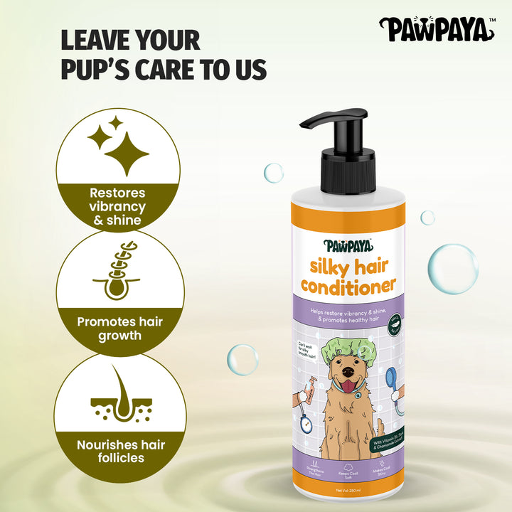 ABK Grooming, Pawpaya Silky Hair conditioner, shampoo for adult dogs, Dog shampoo in India, Natural dog conditioner, shampoo and conditioners collection, vegan dog shampoo in Pune, Sulphate free shampoo, paraben free shampoo, silky coat conditioner, summer dog conditioner and shampo, Shiny coat shampoo, dogs shampoo for sensitive dogs, hair growth dog shampoo, under 500, summer collection, best-sellig dog shampoo under 500