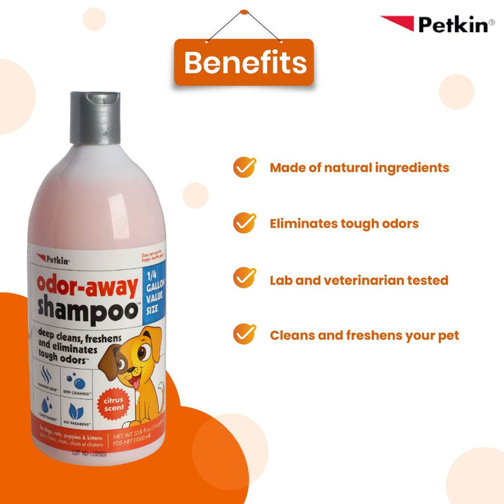 Petkin Odor-Away Shampoo (5552): Deep cleans & eliminates tough odors with a refreshing citrus scent! Gentle formula free of parabens. Shop Now at ABK Grooming (India)!