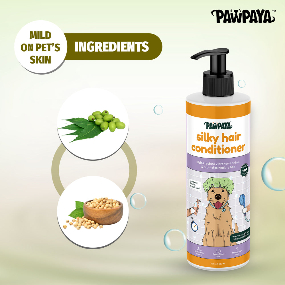 ABK Grooming, Pawpaya Silky Hair conditioner, shampoo for adult dogs, Dog shampoo in India, Natural dog conditioner, shampoo and conditioners collection, vegan dog shampoo in Pune, Sulphate free shampoo, paraben free shampoo, silky coat conditioner, summer dog conditioner and shampoo, Aloe era shampoo, coat care shampoo and conditioner, Neem shampoo for dogs