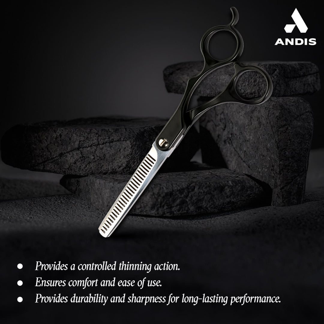 Andis Premium 6.5 Thinning Shear - Right Handed, professional-quality thinning shear for grooming pets, high-performance stainless steel shear for achieving perfect texture and thinning, ideal for thick, long, and matted coats, ergonomic right-handed design for ease of use, durable and comfortable grooming tool for pet professionals.