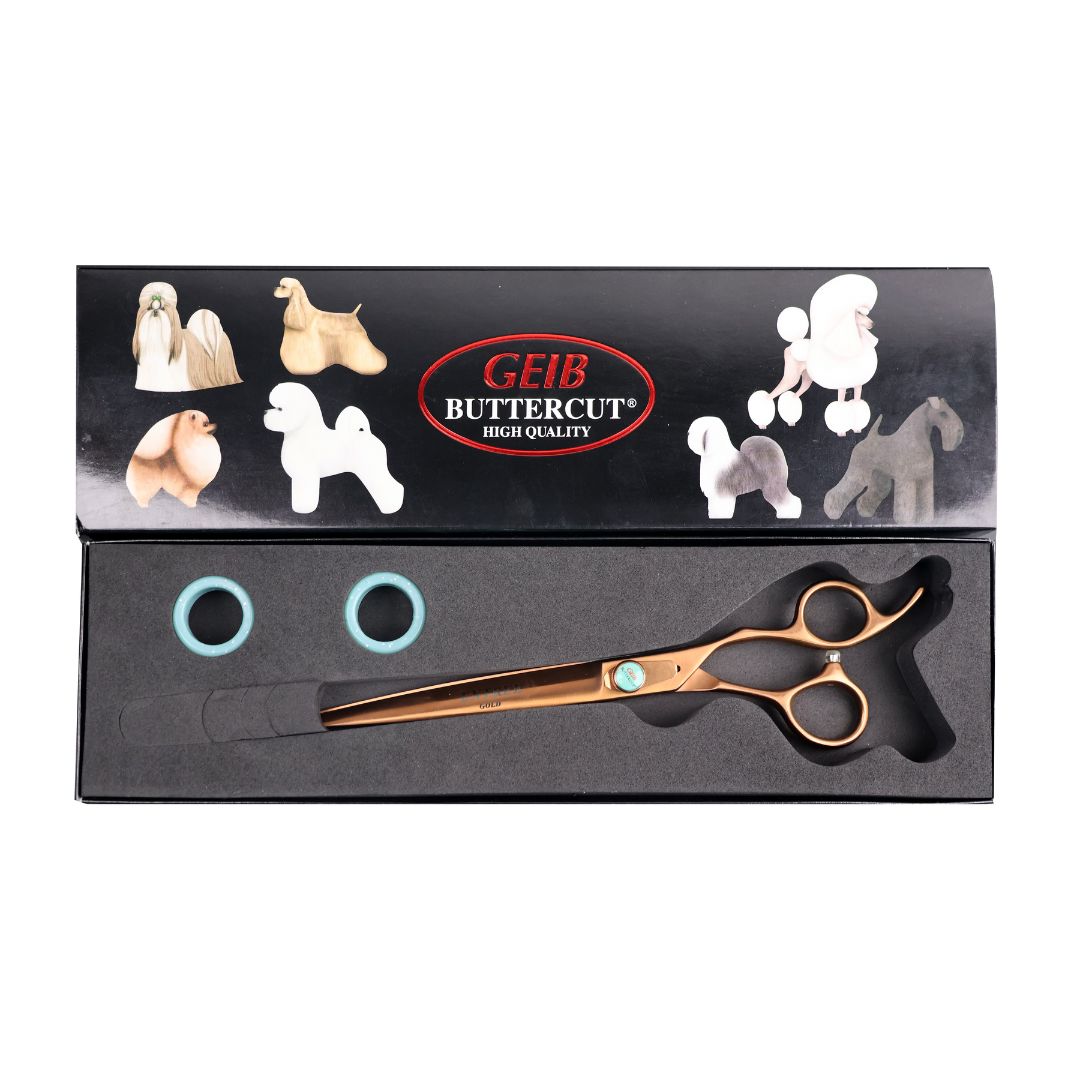 Buttercut 8.5" Straight Scissors in Gold. Sharp, durable, and ergonomic for flawless pet grooming. Buy now!!