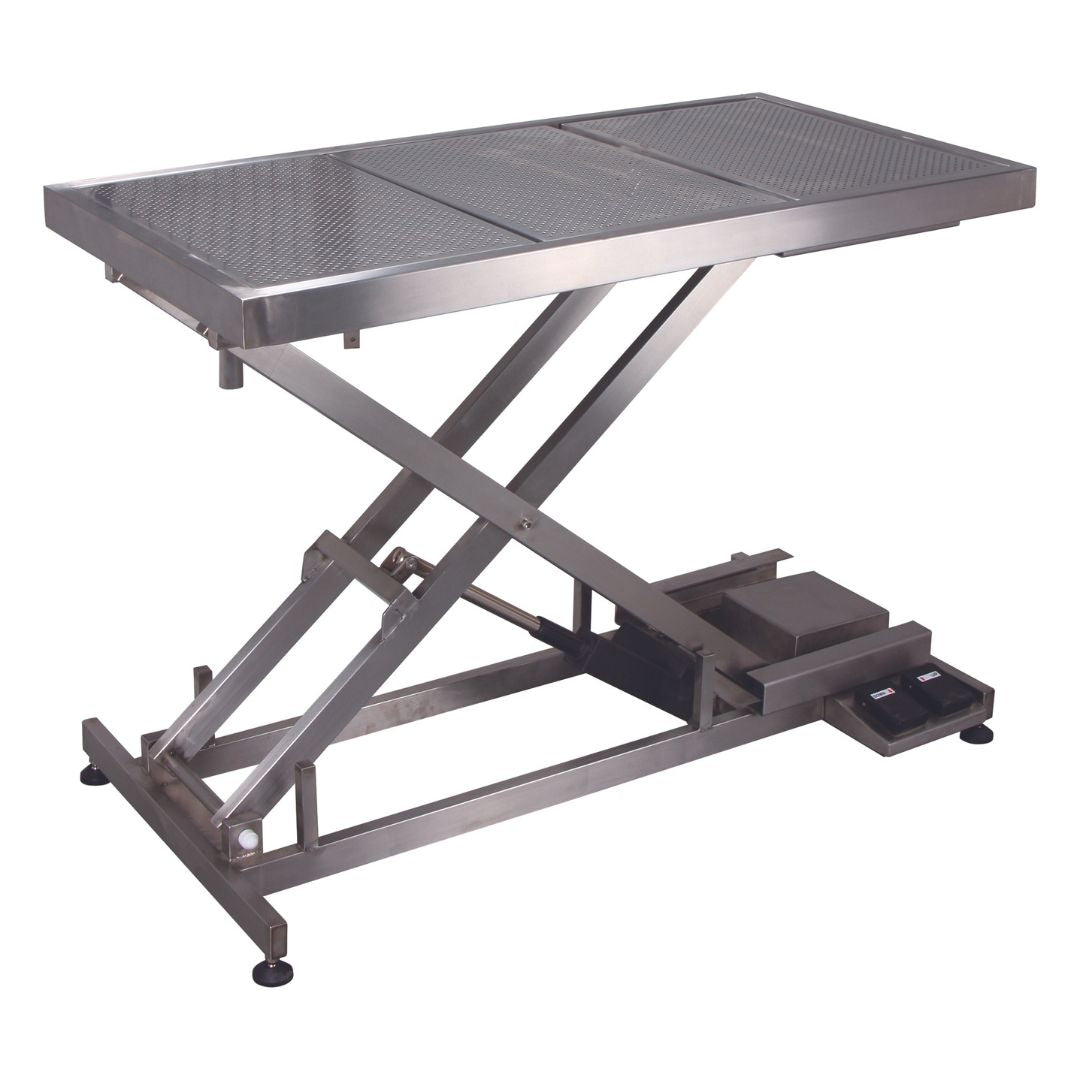 Omega Electric Low Operation Table (FT-862): Ultra-low design for easy access. Stainless steel top, V-drain, silent scissor action. Shop low-cost vet tables India, best vet equipment at ABK Grooming (India)!