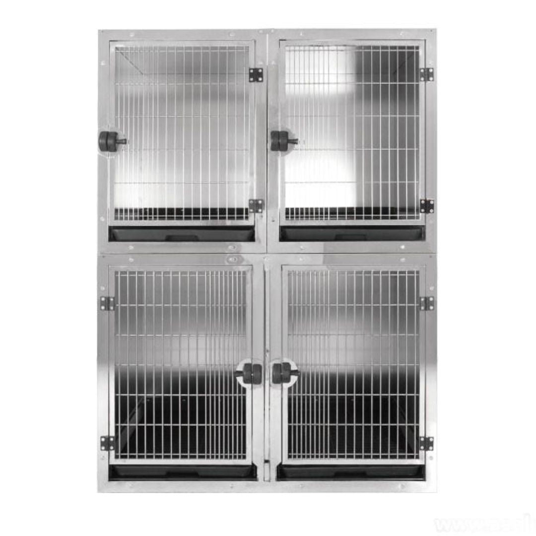 Secure Auto-Closing Latch on Modular Cage (ABK Grooming): Close-up of the auto-closing latch system on the door of an Aeolus Stainless Steel Hybrid Modular Cage from ABK Grooming. Ensures pet safety and easy access! Shop Now at ABK Grooming.