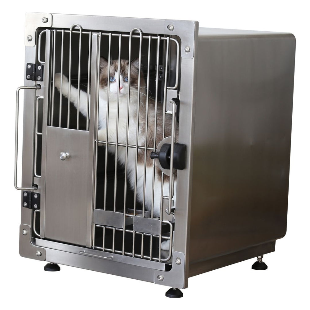 Secure Cat Restraint Cage for Veterinary Procedures (ABK Grooming): An image of a cat safely restrained inside an Aeolus KA-509-RES Cat Restraint Cage from ABK Grooming. Highlight the stainless steel construction and magnetic latch. Ensure a safe and comfortable experience for your cat during vet visits! Shop Now at ABK Grooming!