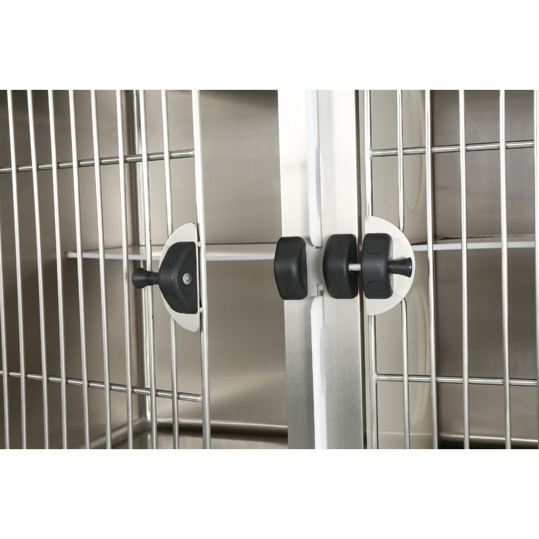 Clear Stainless Steel Door for Cat Observation (ABK Grooming): The clear stainless steel door on an Aeolus Stainless Steel Round Corner Cat Condo from ABK Grooming highlighted. Allows your cat to feel secure while observing their surroundings! Shop Now at ABK Grooming!