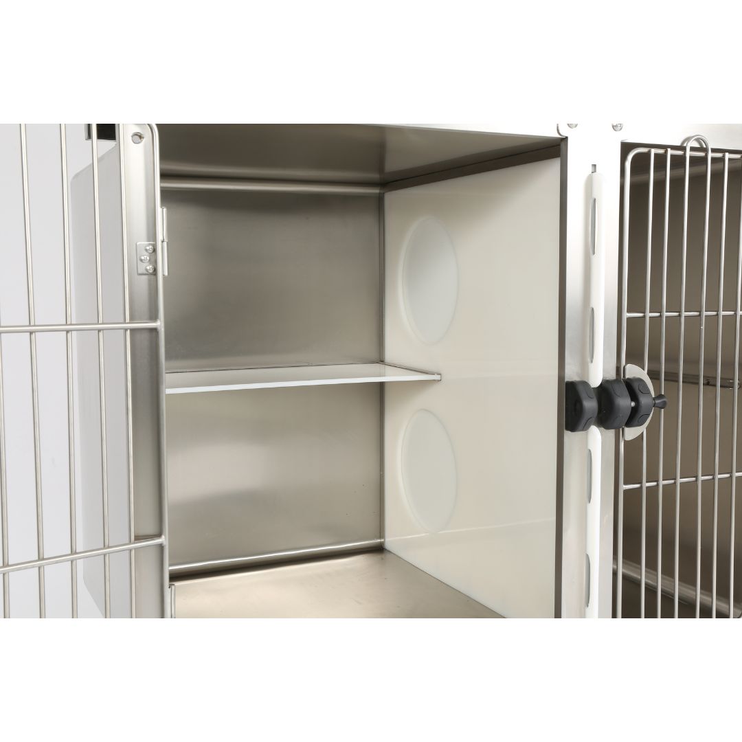 Clear Stainless Steel Door for Cat Observation (ABK Grooming): The clear stainless steel door on an Aeolus Stainless Steel Round Corner Cat Condo from ABK Grooming highlighted. Allows your cat to feel secure while observing their surroundings! Shop Now at ABK Grooming!