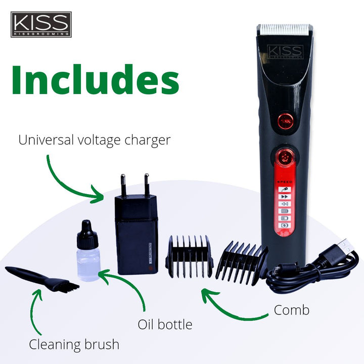 MC-220 Kiss Cordless Pet Trimmer with convenient USB charging, providing up to 4 hours of use for professional and home grooming sessions.