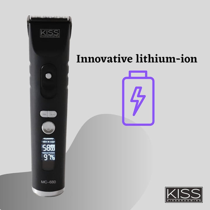 MC-680 KISS Cordless Pet Clipper with 4 detachable blades and ergonomic design, perfect for professional and home grooming