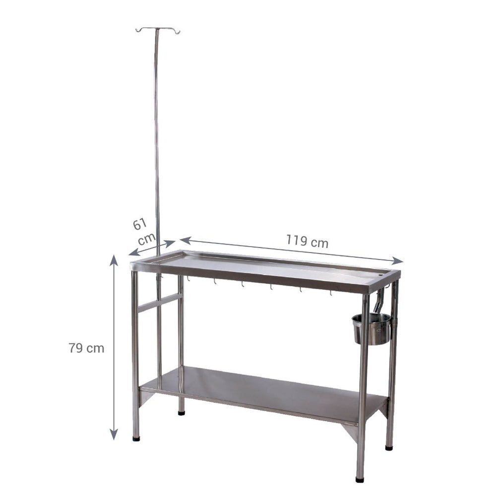 Sturdy Vet Table with Storage: A close-up of the Aeolus Omega SS Consulting Table showcasing the non-slip rubber legs and built-in storage shelf for grooming tools. (Sturdy, Non-Slip Rubber Legs, Built-in Storage Shelf)  pen_spark