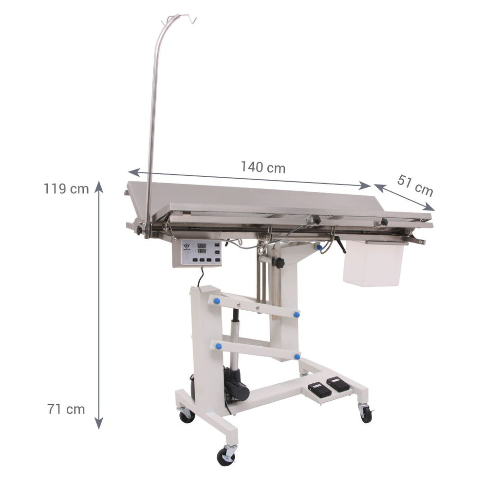 Durable Stainless Steel V-Top Table with Heating System (ABK Grooming): Close-up of the sturdy stainless-steel construction and the integrated heating system controls on the Aeolus FT-828H V-Top Heated Vet Operation Table from ABK Grooming. This durable table with heating technology ensures optimal pet comfort during surgery. Shop Now at ABK Grooming!  pen_spark