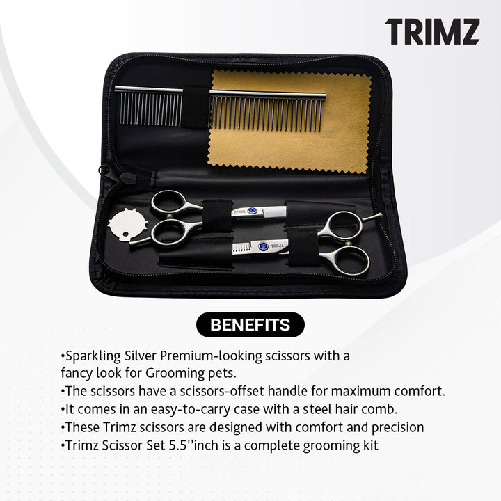 Trimz Scissors Set for Pet Grooming with Sparkling Silver Solution, dog grooming scissor kit nearby , dog grooming scissors kit india, dog grooming scissors kit for sale.