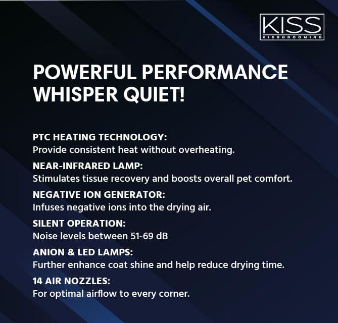 Kiss Grooming Infrared Pet Drying Cabinet, Ultra Large, professional pet grooming dryer with infrared heating, spacious design for large pets, efficient and quiet operation for stress-free grooming, adjustable heat and airflow settings, ideal for professional groomers and grooming salons.