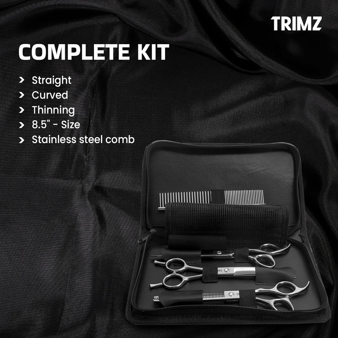 Best Trimz Professional Grooming Scissors Set 8.5, stainless steel pet grooming scissors, sharp and durable shears for trimming and cutting pet fur, ideal for dogs, cats, and other pets, perfect for professional groomers, ergonomic and comfortable design for precise grooming, long-lasting and efficient scissors