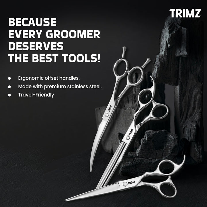 Trimz Professional Grooming Scissors Set 8.5, high-quality grooming scissors for pets, ideal for dogs and cats, sharp and durable stainless steel scissors for precise cuts, ergonomic design for comfort, professional-grade grooming scissors for home and salon use, long-lasting grooming tools for thick and matted fur.