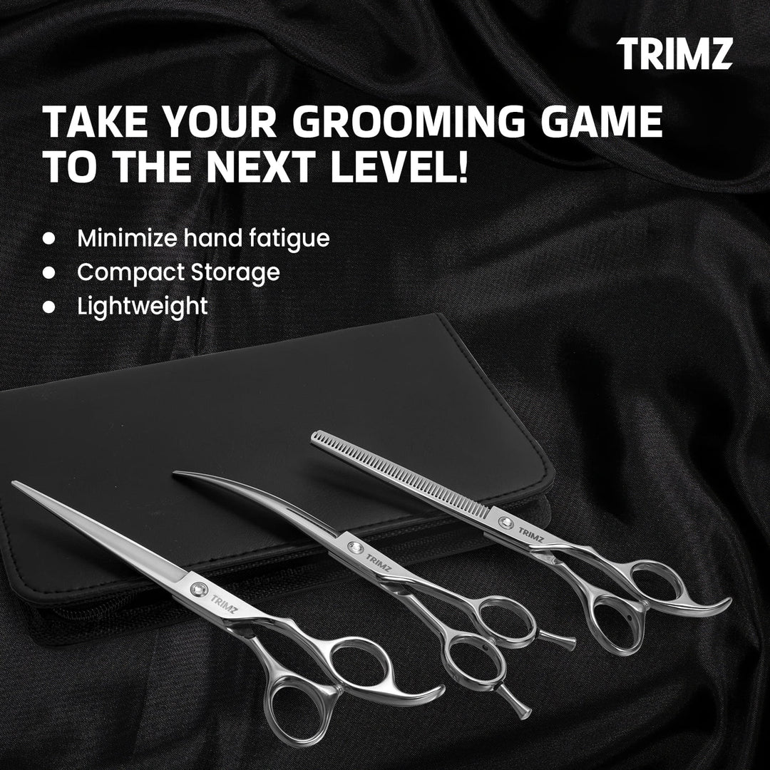 Trimz Professional Grooming Scissors Set 8.5, premium stainless steel grooming shears, ideal for trimming and grooming pets, sharp and durable scissors for dogs and cats, ergonomic handle design for comfort, professional-quality scissors for home grooming, perfect for long, thick, and matted fur.