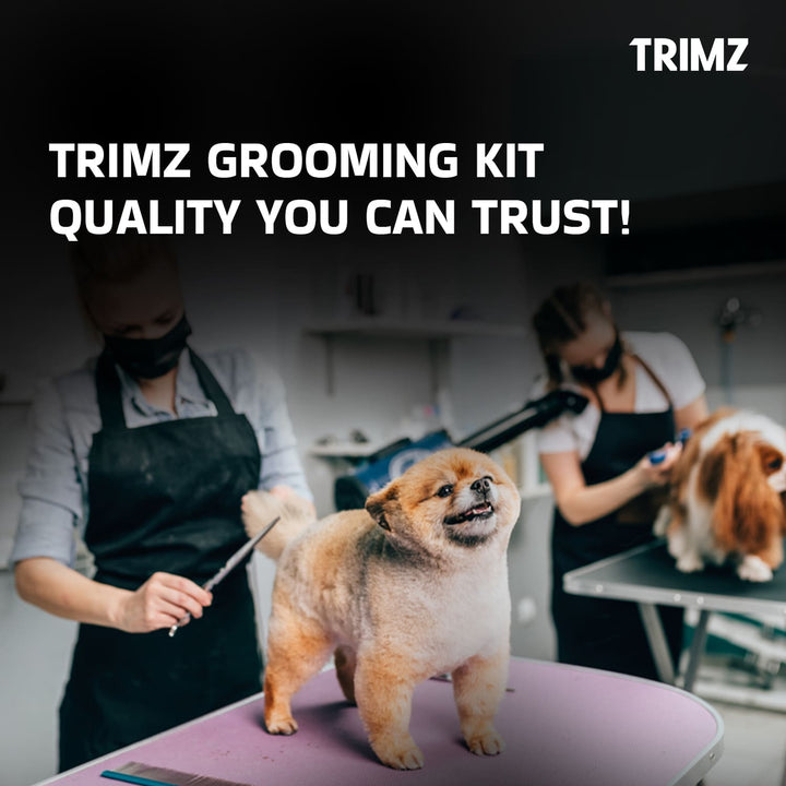 Trimz Professional Grooming Scissors Set 8.5, ideal for pet grooming, sharp and long-lasting stainless steel scissors, perfect for cutting and trimming thick fur, ergonomic handle design for comfortable use, professional-grade grooming scissors for dogs and cats, durable and high-performance scissors for salon-quality results.