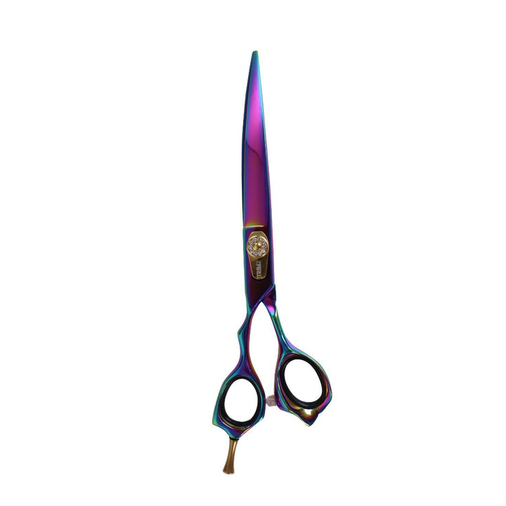 Trimz Left-Handed Curved Rainbow Scissors for Pet Grooming.