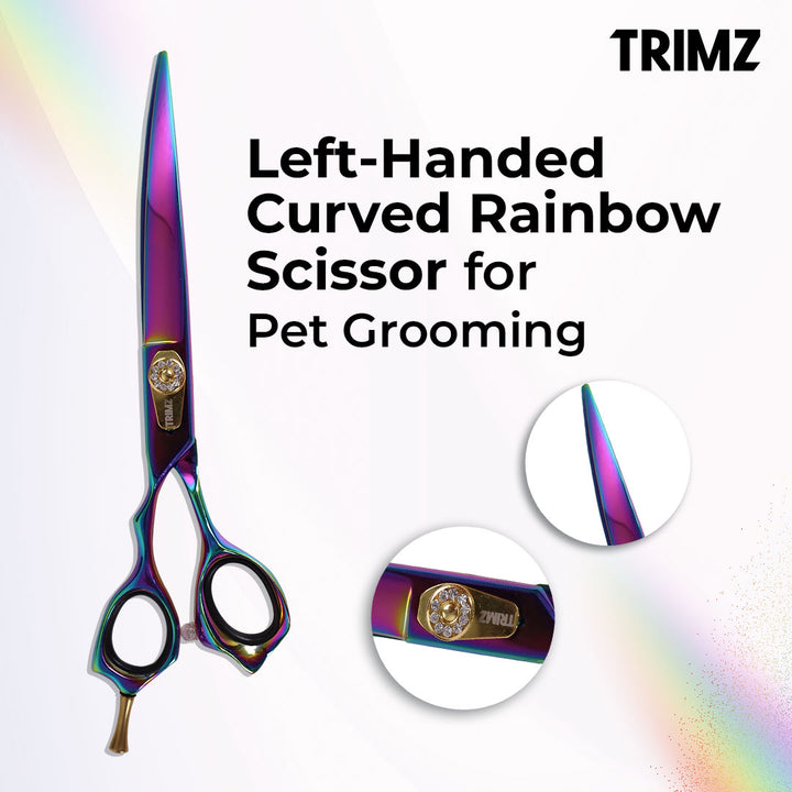 Trimz Left-Handed Curved Rainbow Scissors for Pet Grooming, types of dog grooming scissors, pet scissors for cats, pet scissors for dogs, pet scissors kmart, pet scissors set