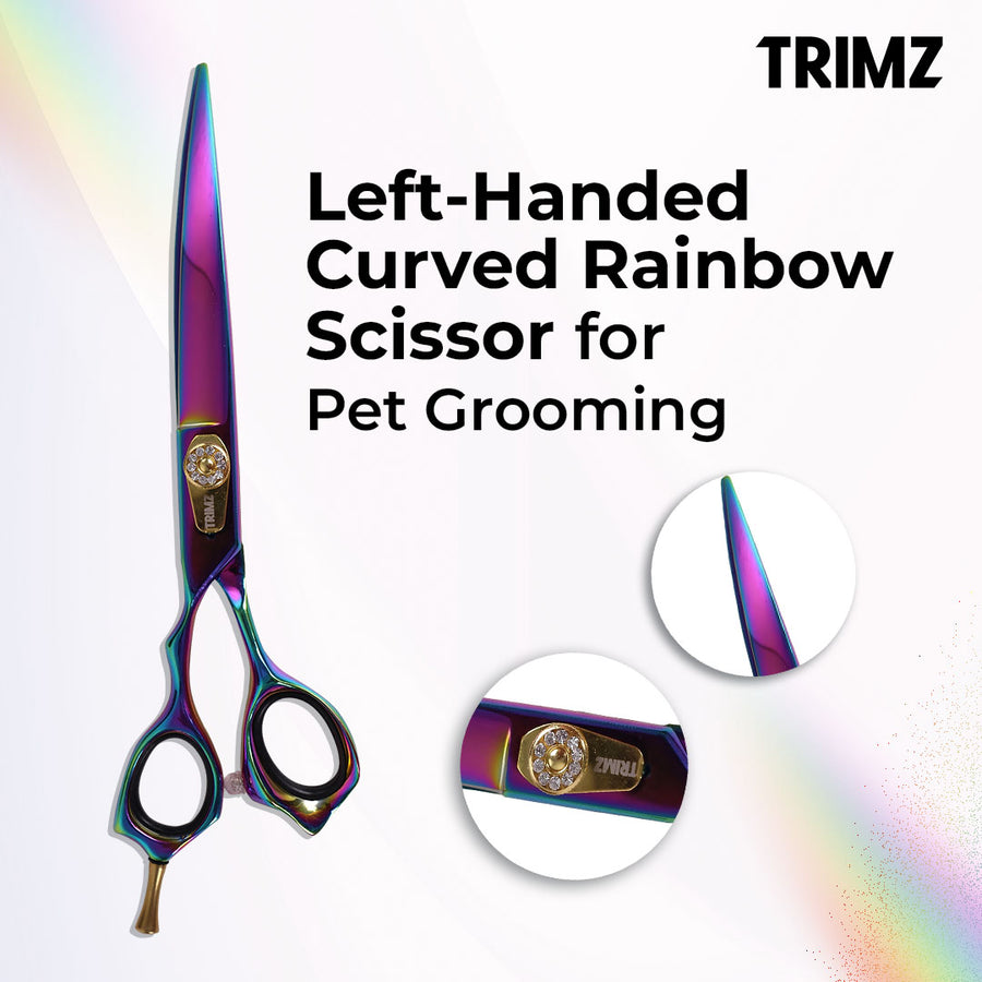 Trimz Left-Handed Curved Rainbow Scissors for Pet Grooming, types of dog grooming scissors, pet scissors for cats, pet scissors for dogs, pet scissors kmart, pet scissors set