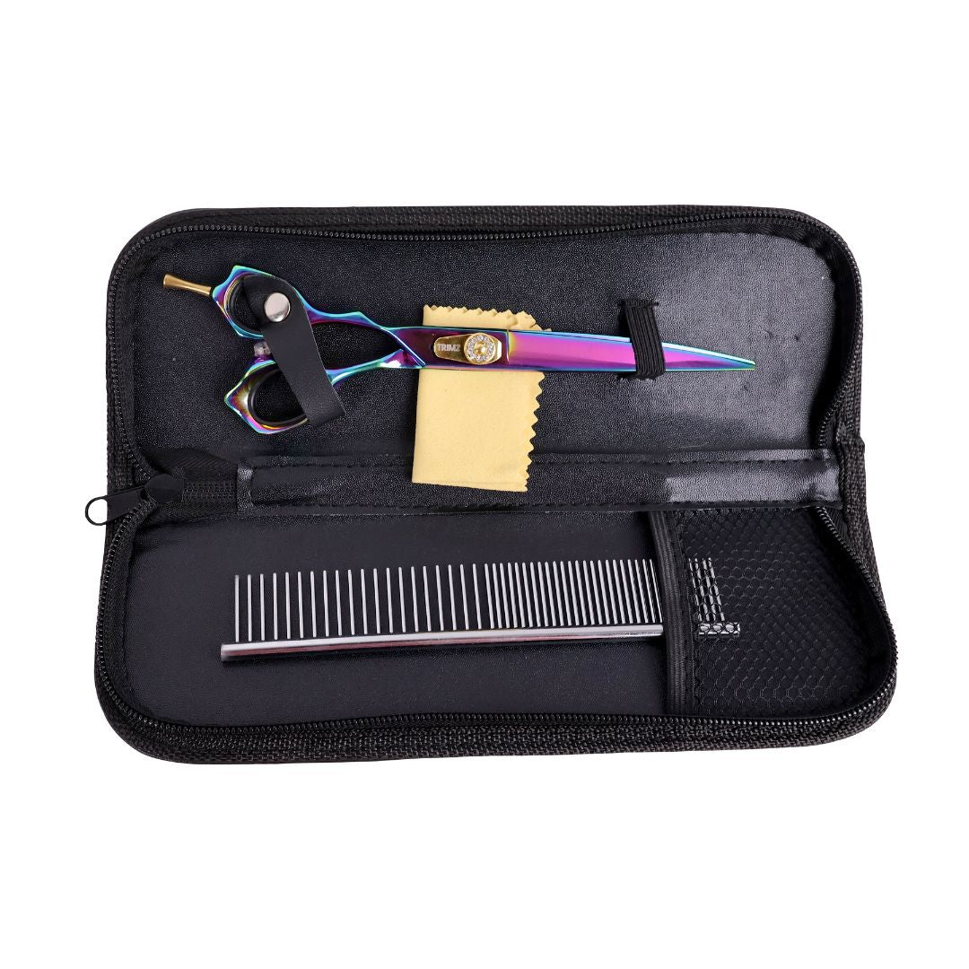 Trimz Left-Handed Curved Rainbow Scissors for Pet Grooming.