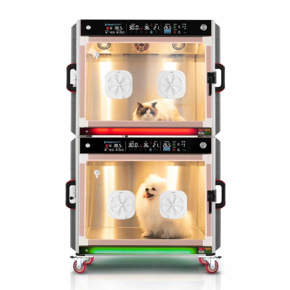 Single-Door Double Cabin Design for Space Efficiency (ABK Grooming): A close-up image of the double cabin design inside the Aeolus KaniStar TSAAS ICU from ABK Grooming. Separate compartments for different animal patients in a space-saving design! Shop Now at ABK Grooming!