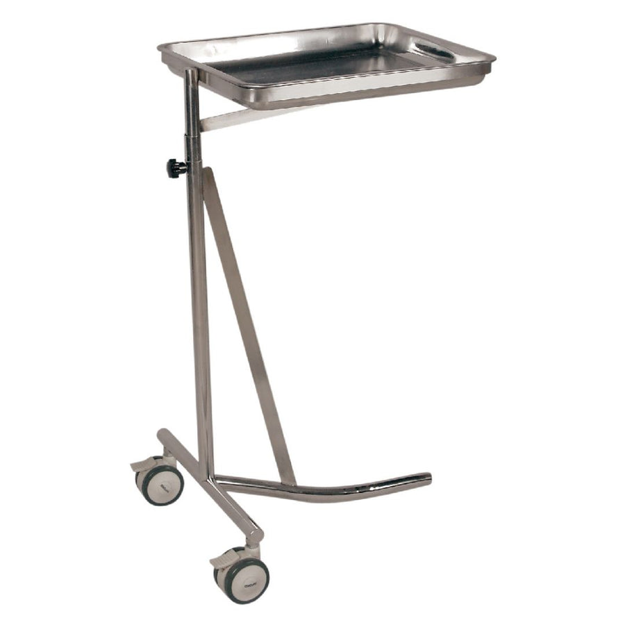 Stainless Steel Mayo Pet Surgical Table for Veterinary Procedures (ABK Grooming): An image of the Aeolus KB-531 Stainless Steel Mayo Pet Surgical Table from ABK Grooming. Highlight the adjustable height and stainless steel tray. Enhance veterinary surgical efficiency with this spacious and adjustable Mayo table! Shop Now at ABK Grooming!