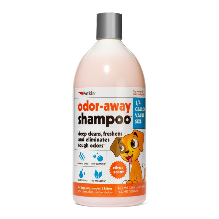 Petkin Odor-Away Shampoo (5552): Deep cleans & eliminates tough odors with a refreshing citrus scent! Gentle formula free of parabens. Shop Now at ABK Grooming (India)!