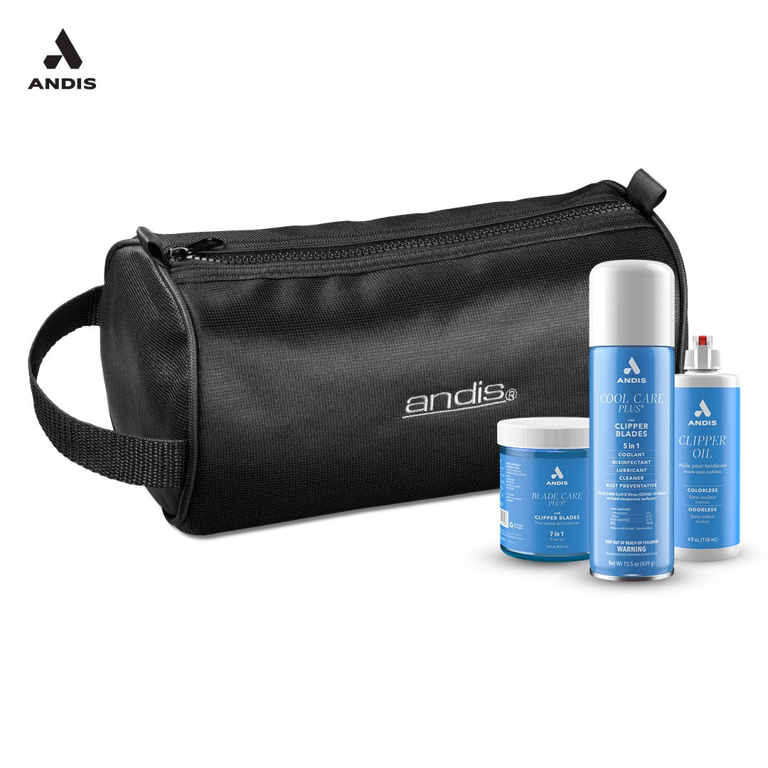 Andis Grooming Tool Bag for professional groomers, Andis 5-in-1 Cool Care Plus Spray for blade cooling and lubrication, Andis Blade Care Plus Dip Jar for cleaning and lubricating clipper blades