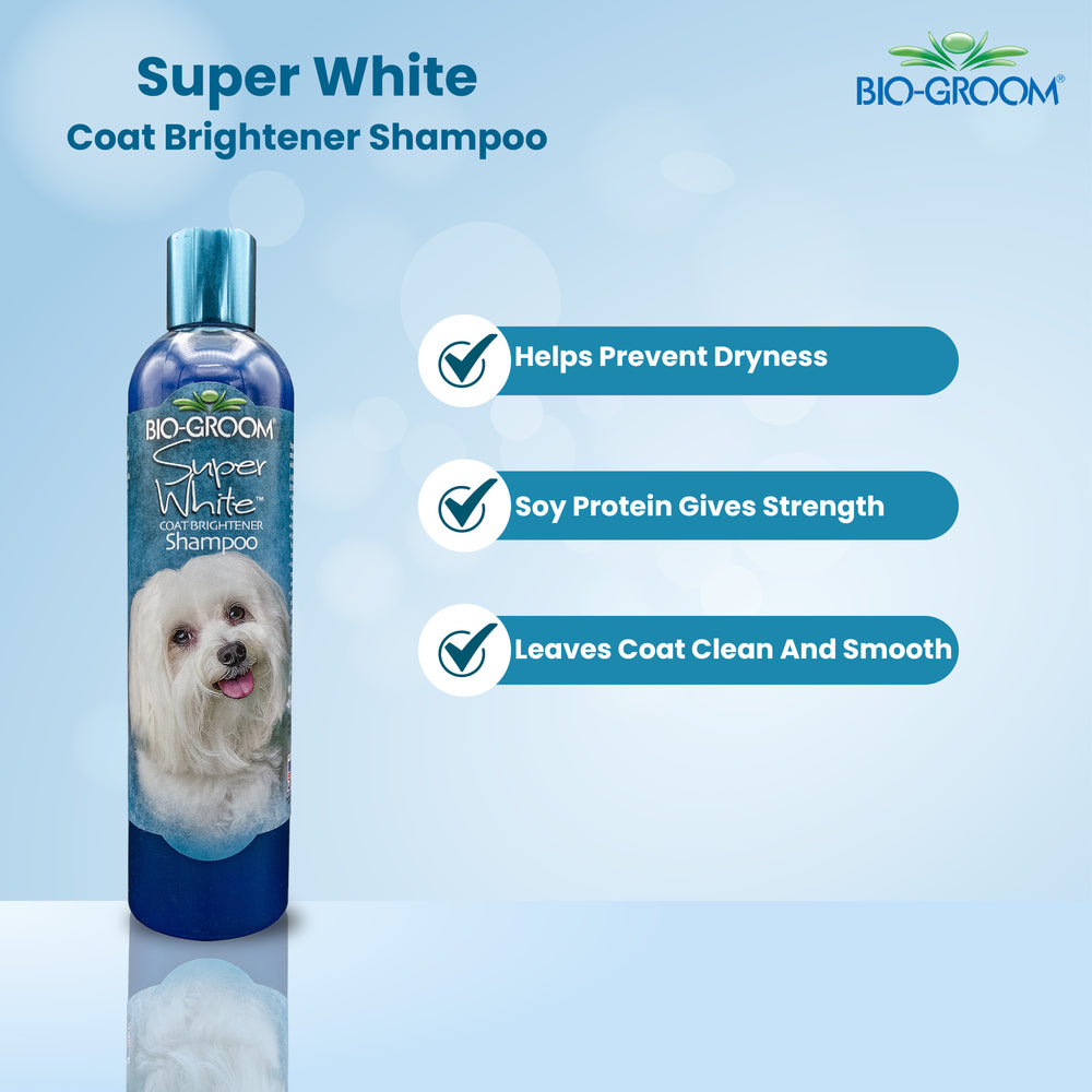  Bio groom Super White Coat Brighterner Pet Bathing Shampoo, Pet Grooming Shampoo, Pet shampoo for dogs and cats, Shampoo for dogs and cats, Safe for puppies and kittens, Shampoo suitable for dogs and cats of all breeds, Bio groom Shampoo, Best Pet hair grooming shampoo, affordable pet bathing shampoo, Cruelty free pet shampoo, Odour Eliminating Pet Shampoo, Best Puppy Shampoo for Fleas, Dog Shampoo, Hypo Allergenic Pet Shampoo, ABK Grooming, prevent dryness, pet shampoo leaves coat clean and smooth