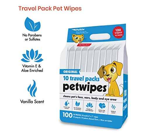 Petkin face and body100 pet wipes, travel pack (includes 10 packs each, Vanilla)