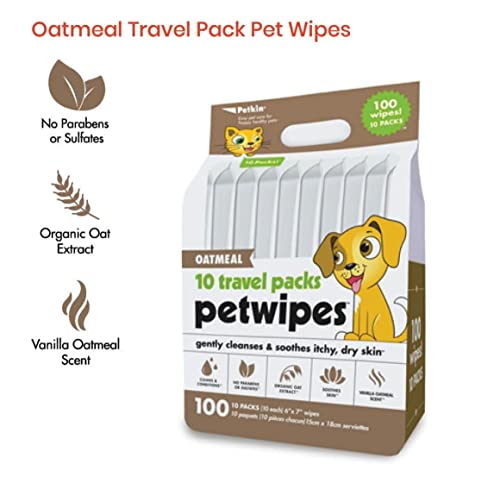 Petkin face and body100 pet wipes, travel pack (includes 10 packs each, Oatmeal)