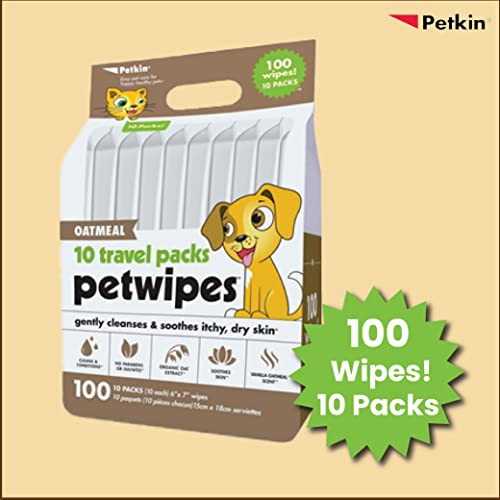 Petkin face and body100 pet wipes, travel pack (includes 10 packs each, Oatmeal)