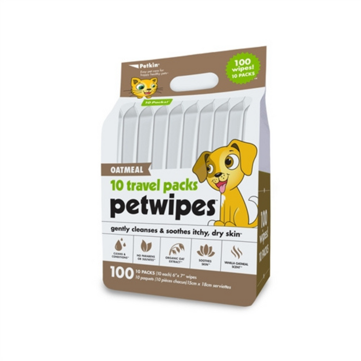 Petkin face and body100 pet wipes, travel pack (includes 10 packs each, Oatmeal)