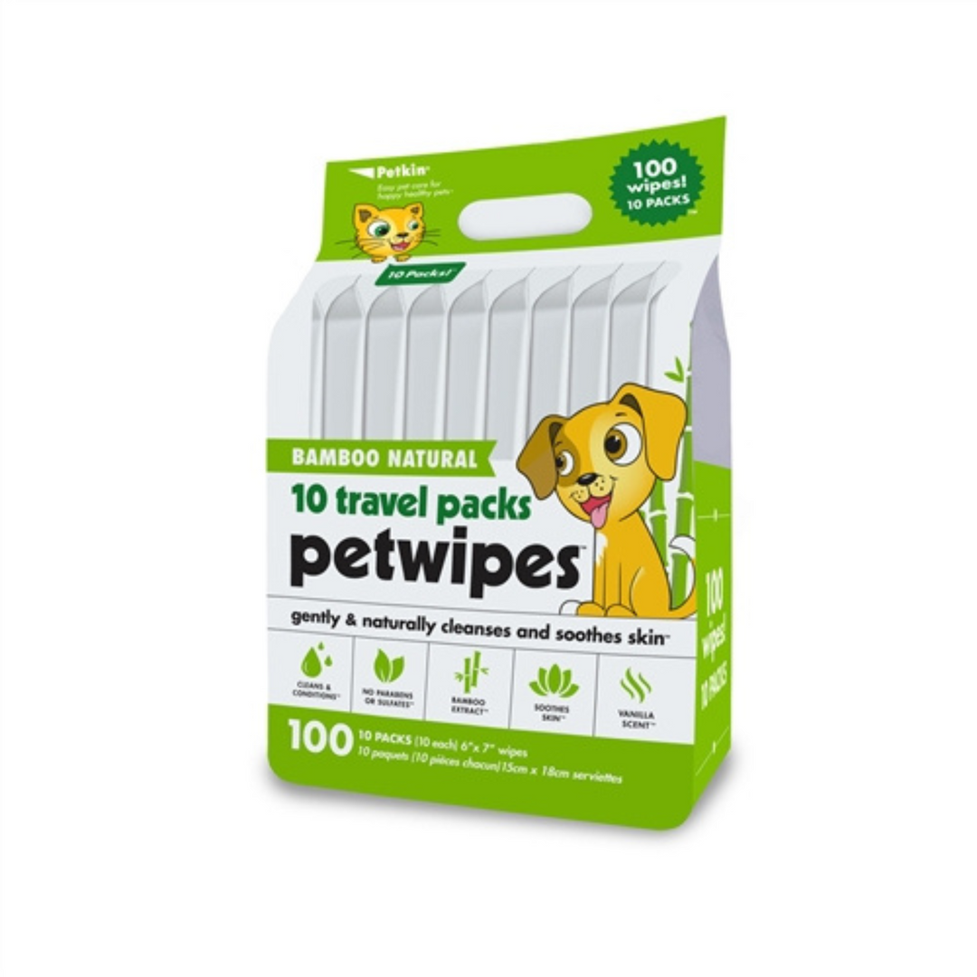 Petkin face and body 100 pet wipes, travel pack (includes 10 packs each, Bamboo Naturals)