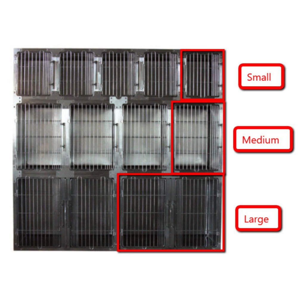 Secure Double-Locking Door with Transparent Panel (ABK Grooming): The transparent door with the double-locking magnetic latch system on the Aeolus Stainless Steel Round Corner Large Modular Display Cage from ABK Grooming. This design ensures pet safety and allows for easy monitoring. Safe and secure housing for your pets! Shop Now at ABK Grooming!